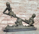 Signed J.Daste Art Deco Sculpture Joy Two Children Play Seesaw Bronze Statue Figure