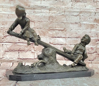 Signed J.Daste Art Deco Sculpture Joy Two Children Play Seesaw Bronze Statue Figure