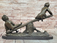 Signed J.Daste Art Deco Sculpture Joy Two Children Play Seesaw Bronze Statue Figure