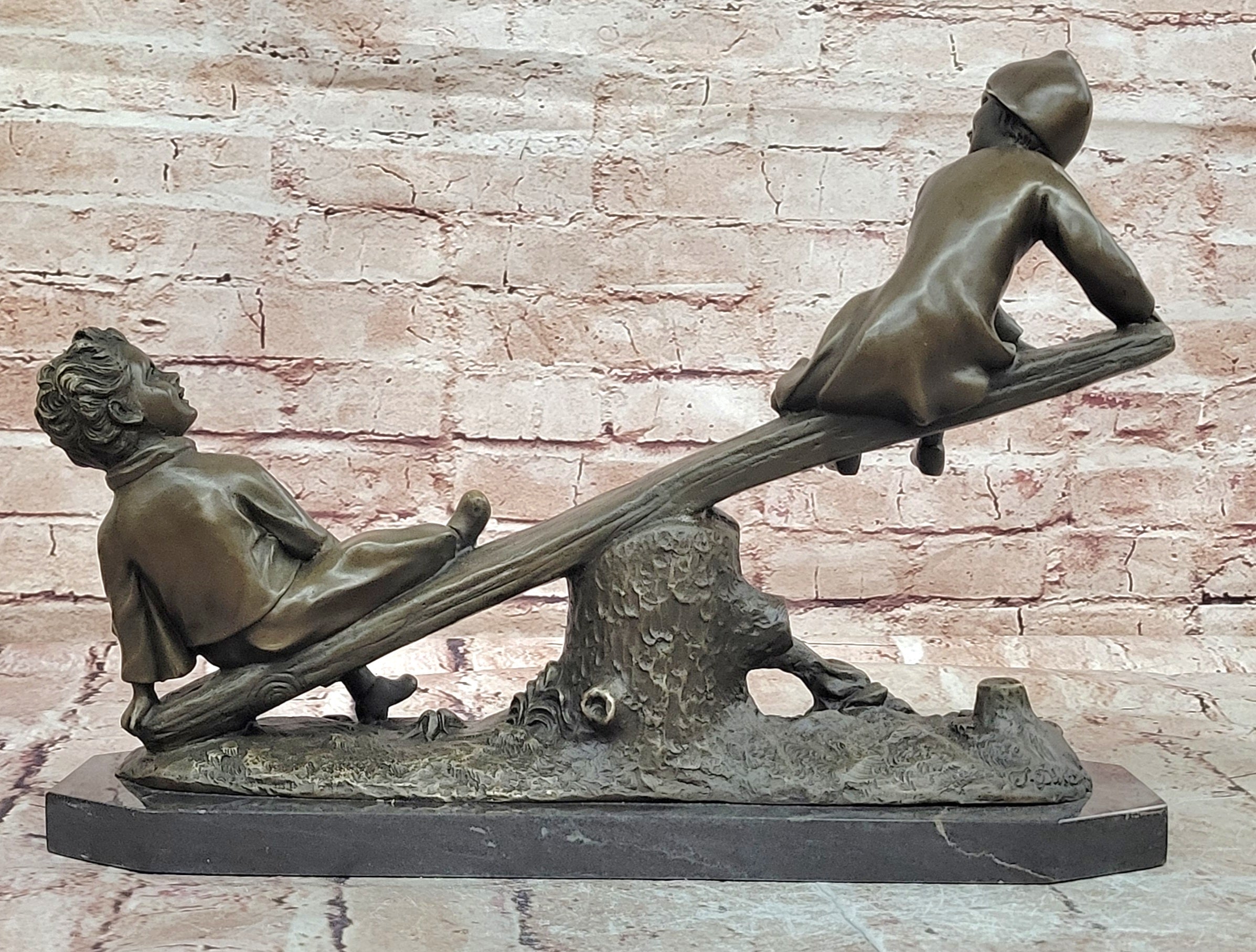 Signed J.Daste Art Deco Sculpture Joy Two Children Play Seesaw Bronze Statue Figure