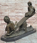 Signed J.Daste Art Deco Sculpture Joy Two Children Play Seesaw Bronze Statue Figure