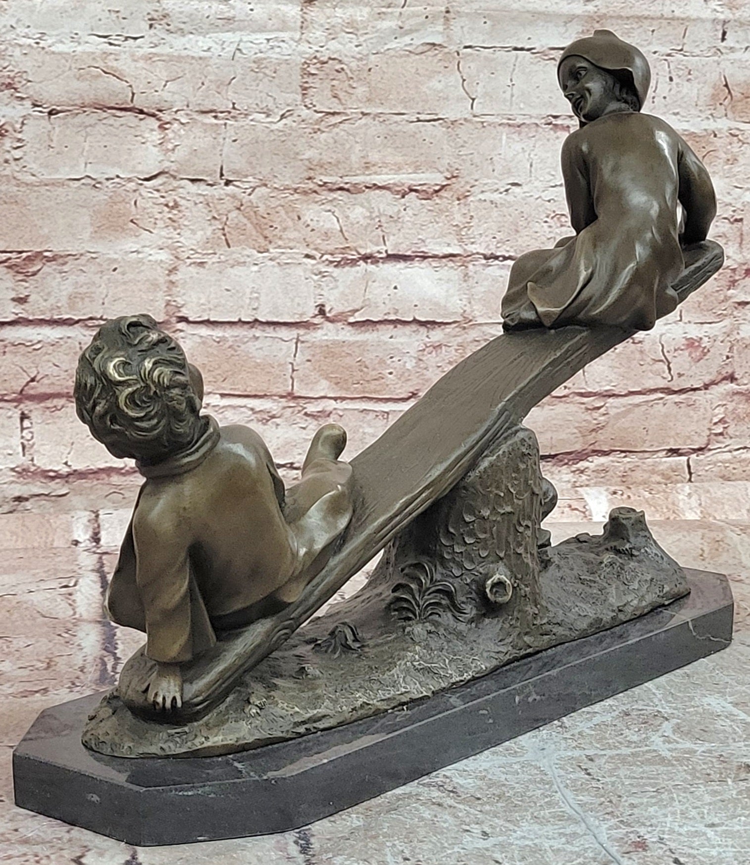 Signed J.Daste Art Deco Sculpture Joy Two Children Play Seesaw Bronze Statue Figure