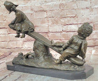 Signed J.Daste Art Deco Sculpture Joy Two Children Play Seesaw Bronze Statue Figure