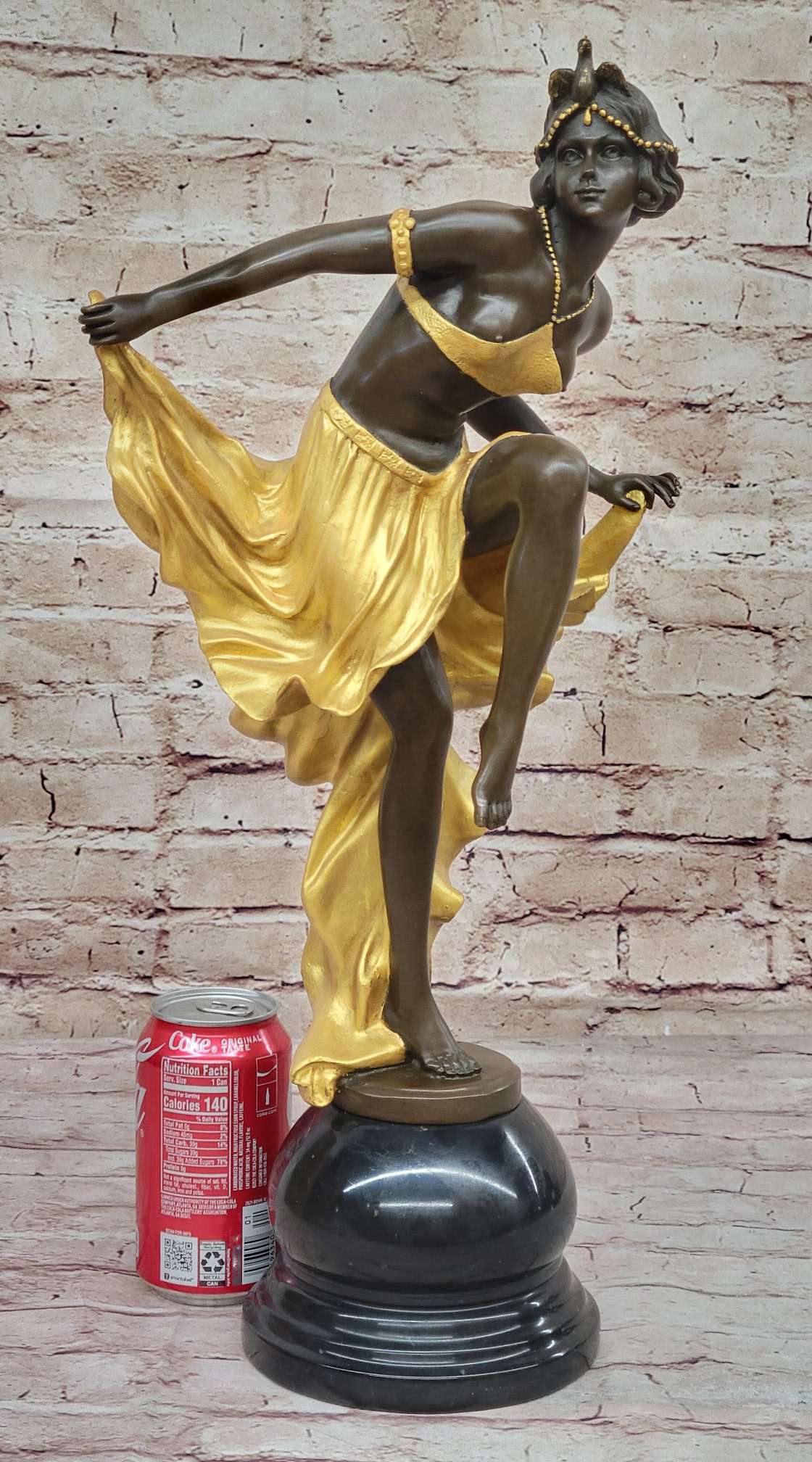 Gold Patina Gypsy Semi Nude Dancer Bronze Sculpture Marble Base Figure