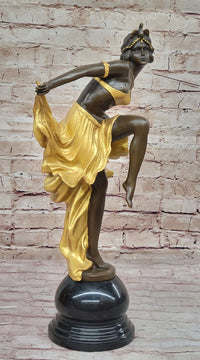 Gold Patina Gypsy Semi Nude Dancer Bronze Sculpture Marble Base Figure