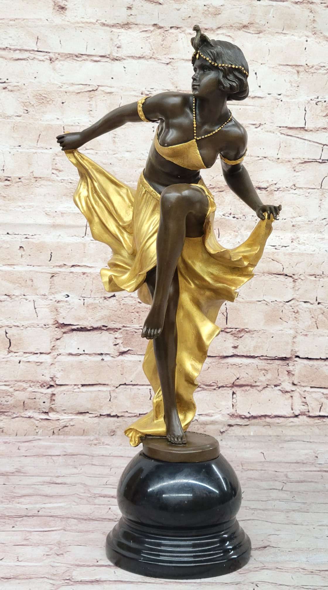 Gold Patina Gypsy Semi Nude Dancer Bronze Sculpture Marble Base Figure