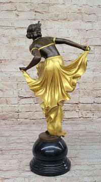 Gold Patina Gypsy Semi Nude Dancer Bronze Sculpture Marble Base Figure
