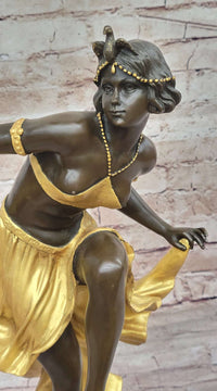 Gold Patina Gypsy Semi Nude Dancer Bronze Sculpture Marble Base Figure