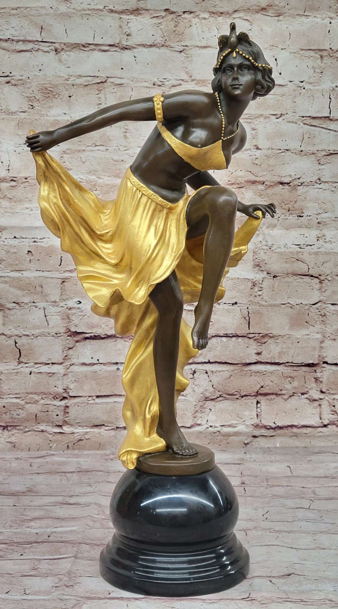 Gold Patina Gypsy Semi Nude Dancer Bronze Sculpture Marble Base Figure