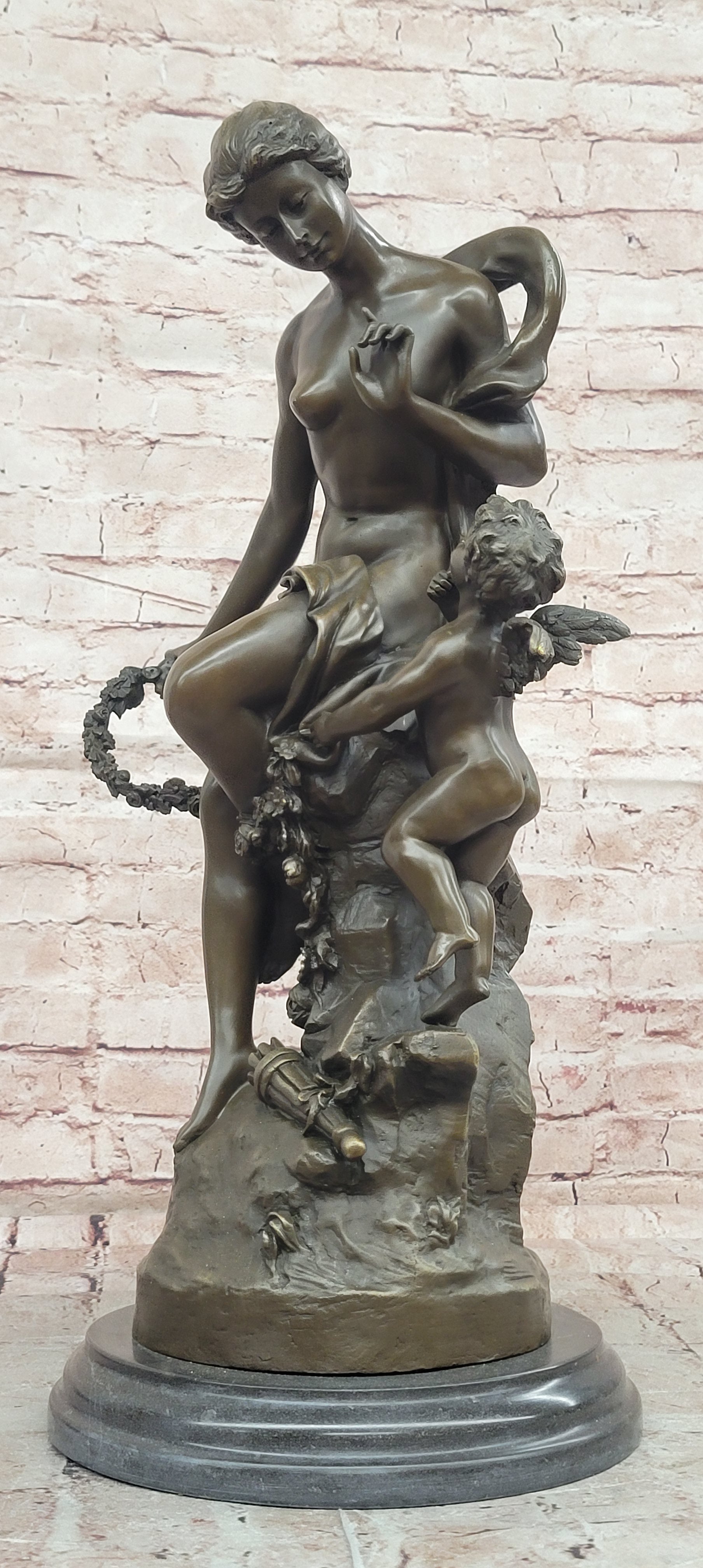 Signed Math. Moreau, Bronze Sculpture Venus w/Cherub ''Bond of Love'' Statue