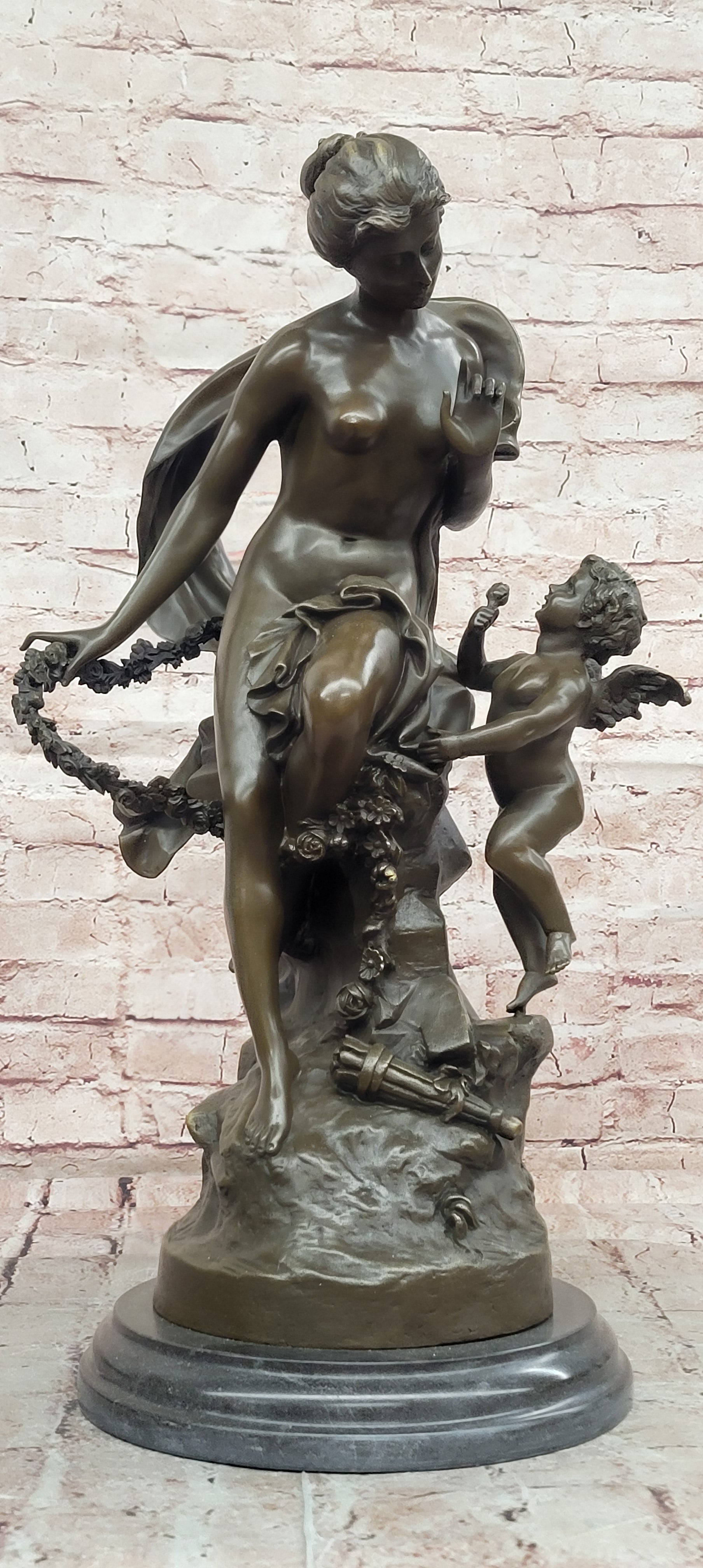Signed Math. Moreau, Bronze Sculpture Venus w/Cherub ''Bond of Love'' Statue