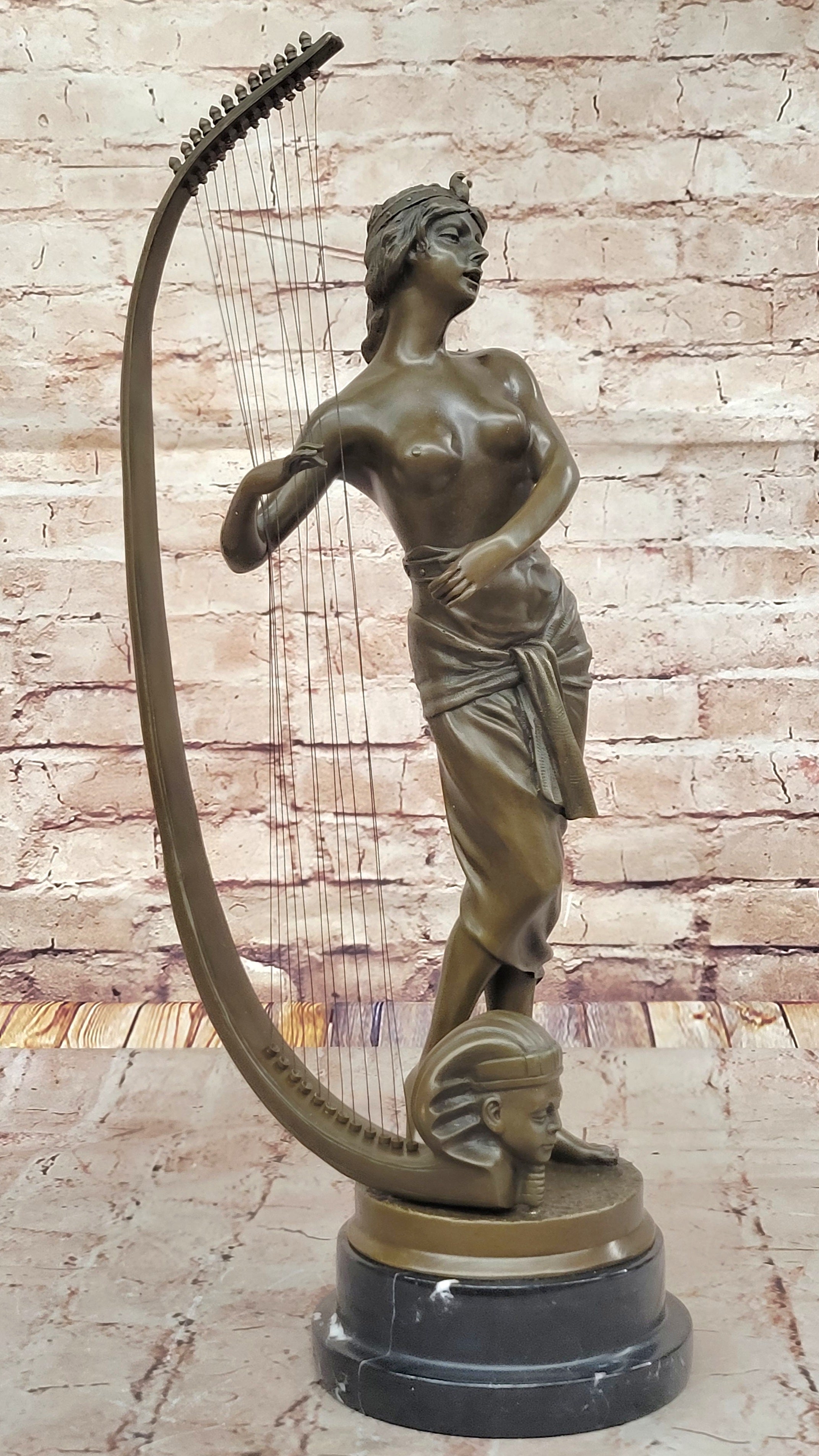 Coudray Egyptian Harp Player – Bronze Sculpture on Marble Base