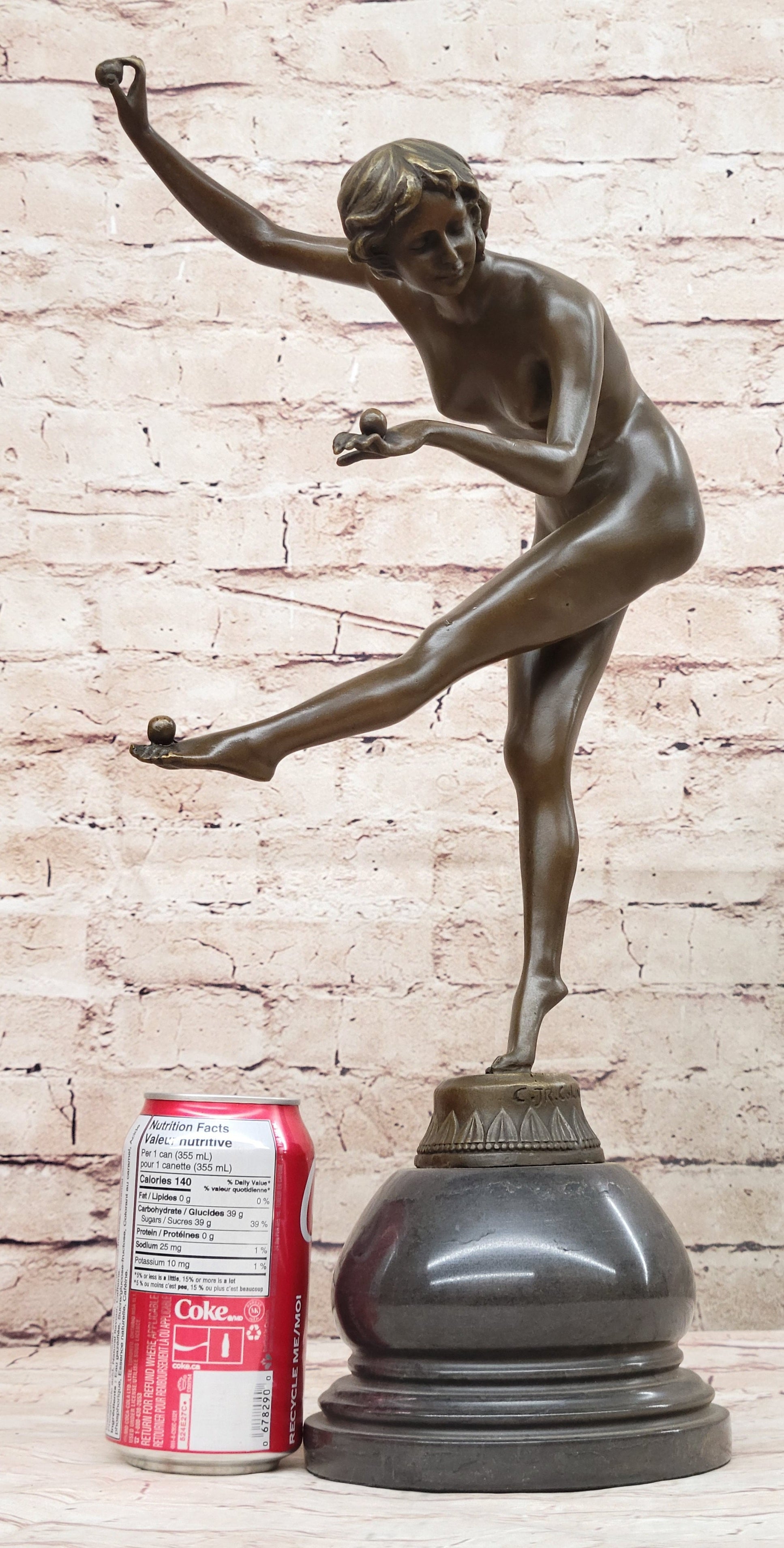 Art Deco Nude Female Juggler Dancer Bronze Sculpture Statue Figure on Marble Base