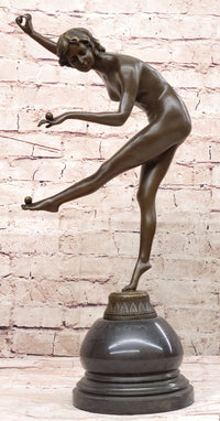 Art Deco Nude Female Juggler Dancer Bronze Sculpture Statue Figure on Marble Base
