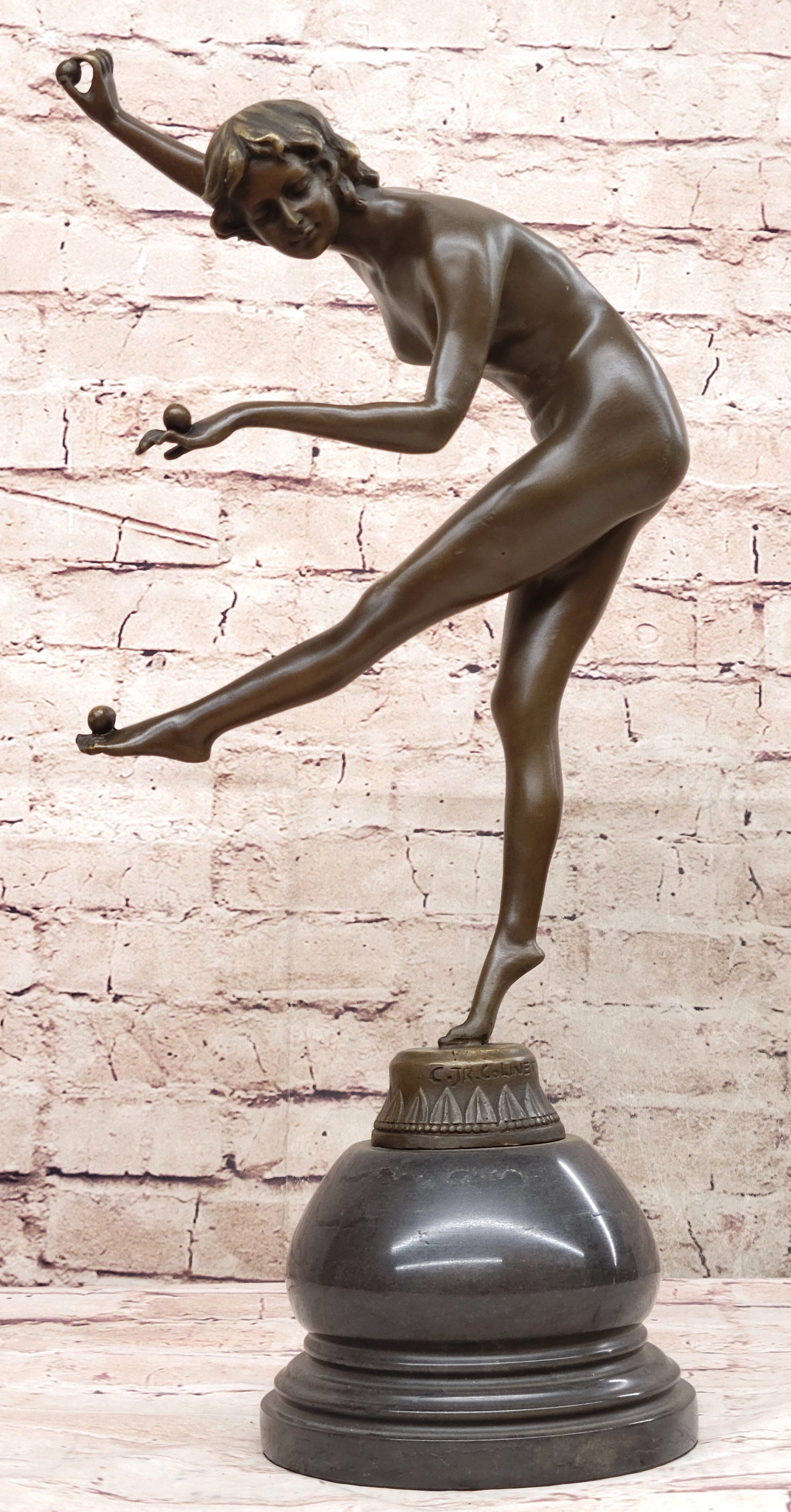 Art Deco Nude Female Juggler Dancer Bronze Sculpture Statue Figure on Marble Base