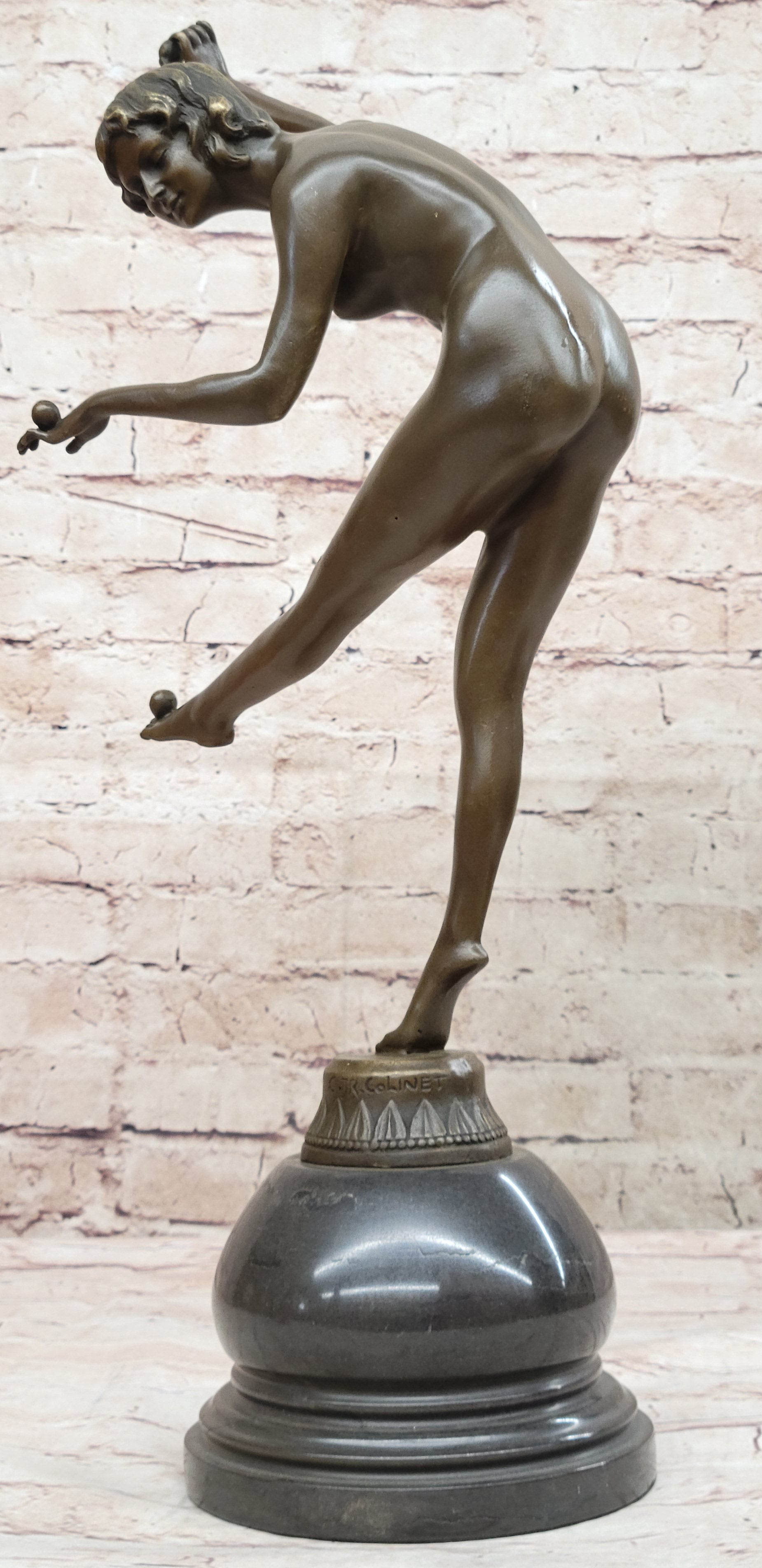 Art Deco Nude Female Juggler Dancer Bronze Sculpture Statue Figure on Marble Base