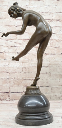 Art Deco Nude Female Juggler Dancer Bronze Sculpture Statue Figure on Marble Base