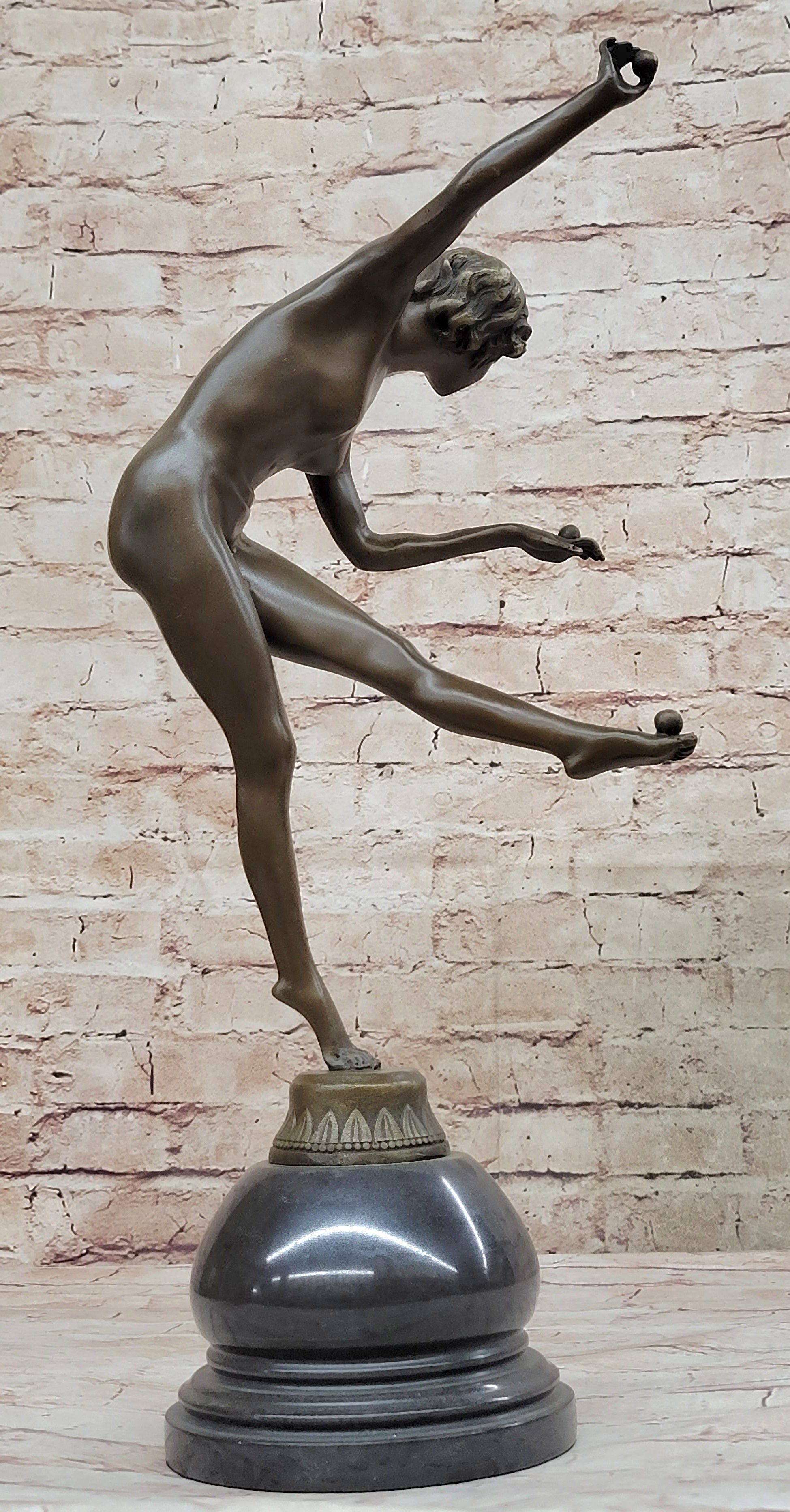 Art Deco Nude Female Juggler Dancer Bronze Sculpture Statue Figure on Marble Base