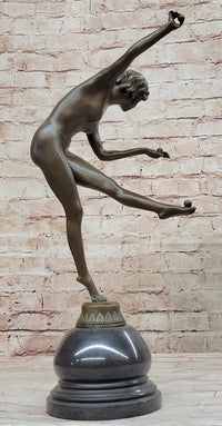 Art Deco Nude Female Juggler Dancer Bronze Sculpture Statue Figure on Marble Base