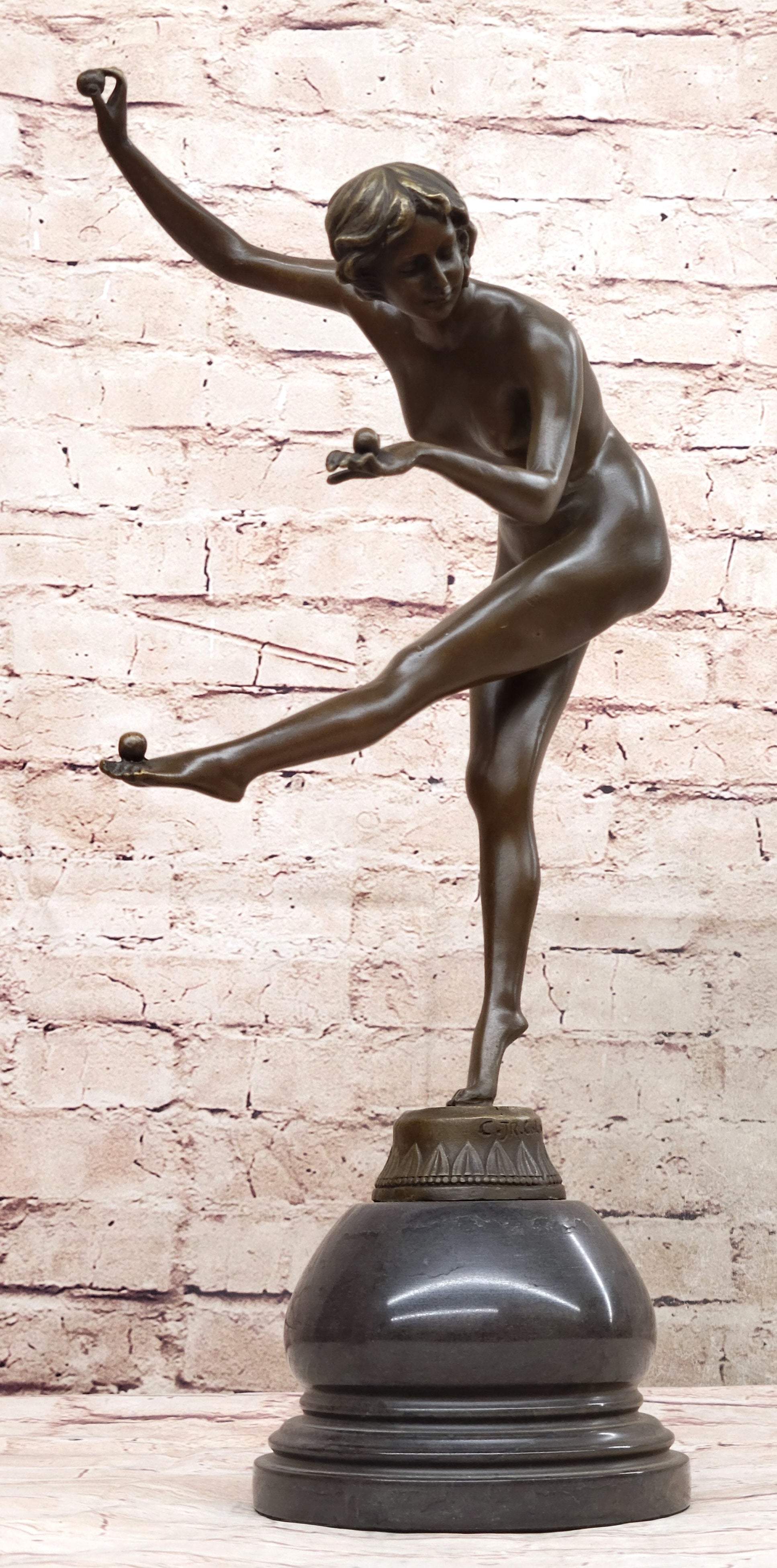 Art Deco Nude Female Juggler Dancer Bronze Sculpture Statue Figure on Marble Base