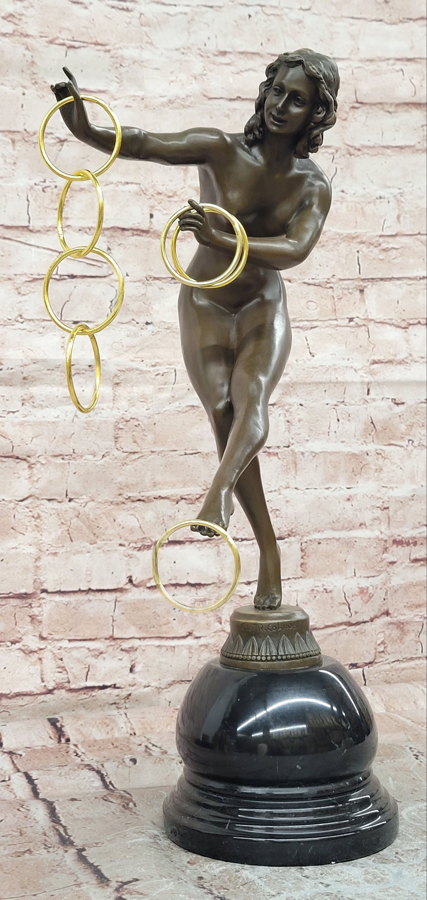 Art Deco Bronze Magic ring Dancer Signed Colinet Nude Sculpture Figurine