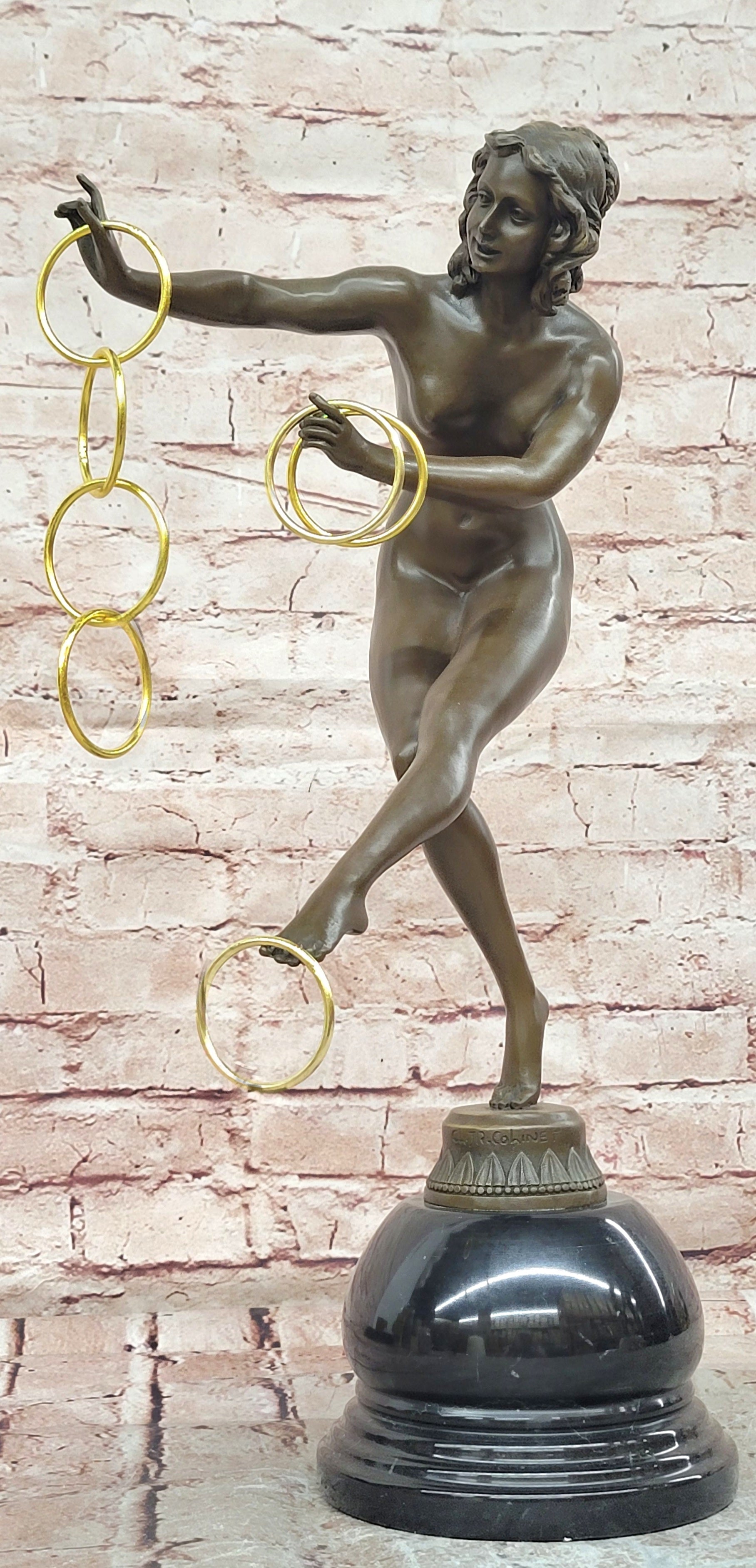 Art Deco Bronze Magic ring Dancer Signed Colinet Nude Sculpture Figurine
