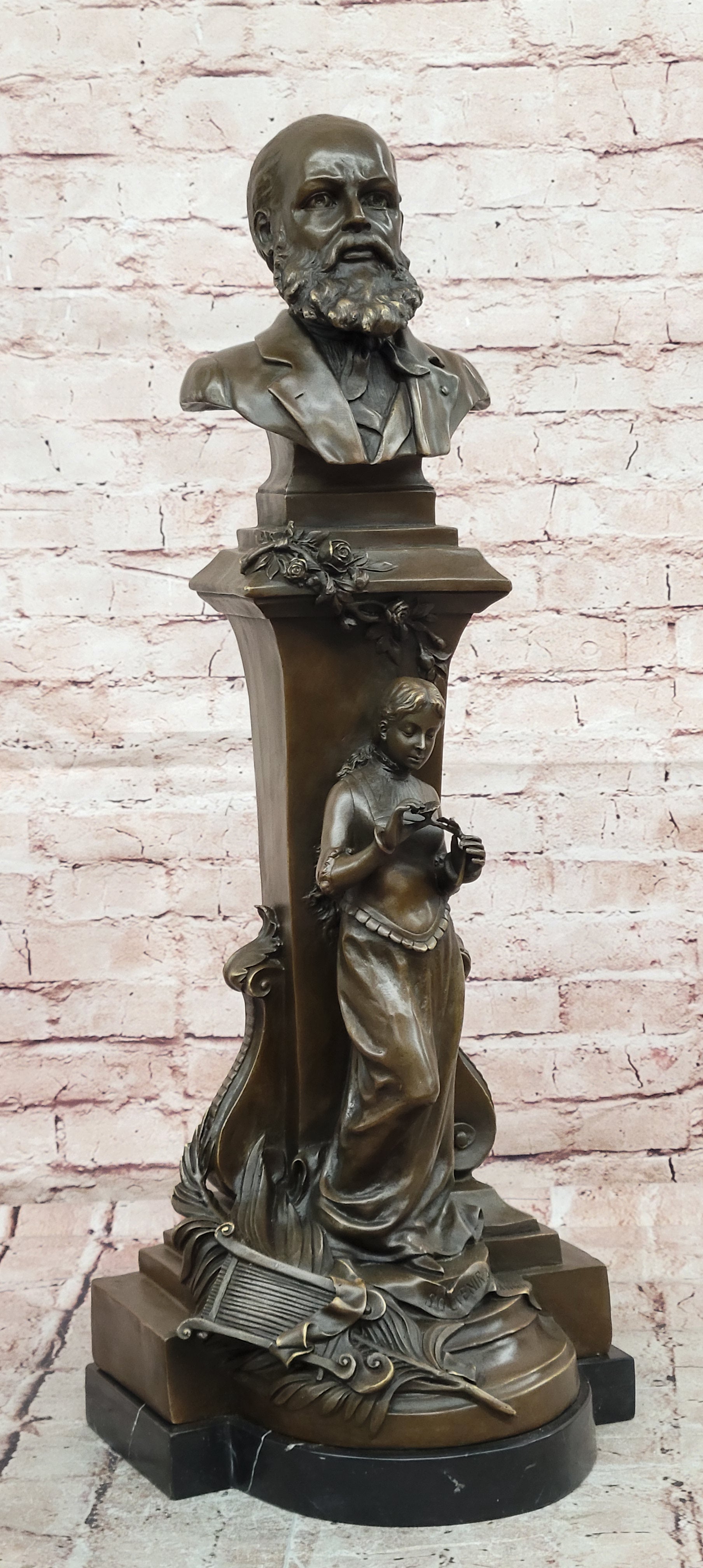 Genuine Bronze Charles Ground Bust with Maiden Holding Bronze Sculpture
