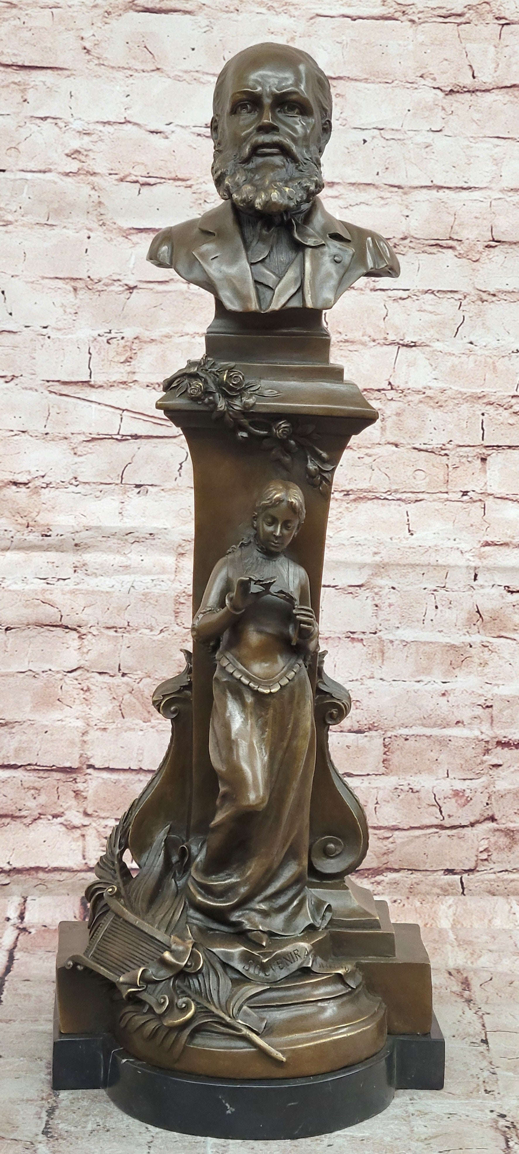 Genuine Bronze Charles Ground Bust with Maiden Holding Bronze Sculpture