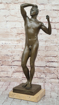 The Age of Bronze (1875) by Auguste Rodin Nude Male Figure Sculpture Statue Art on Marble Base