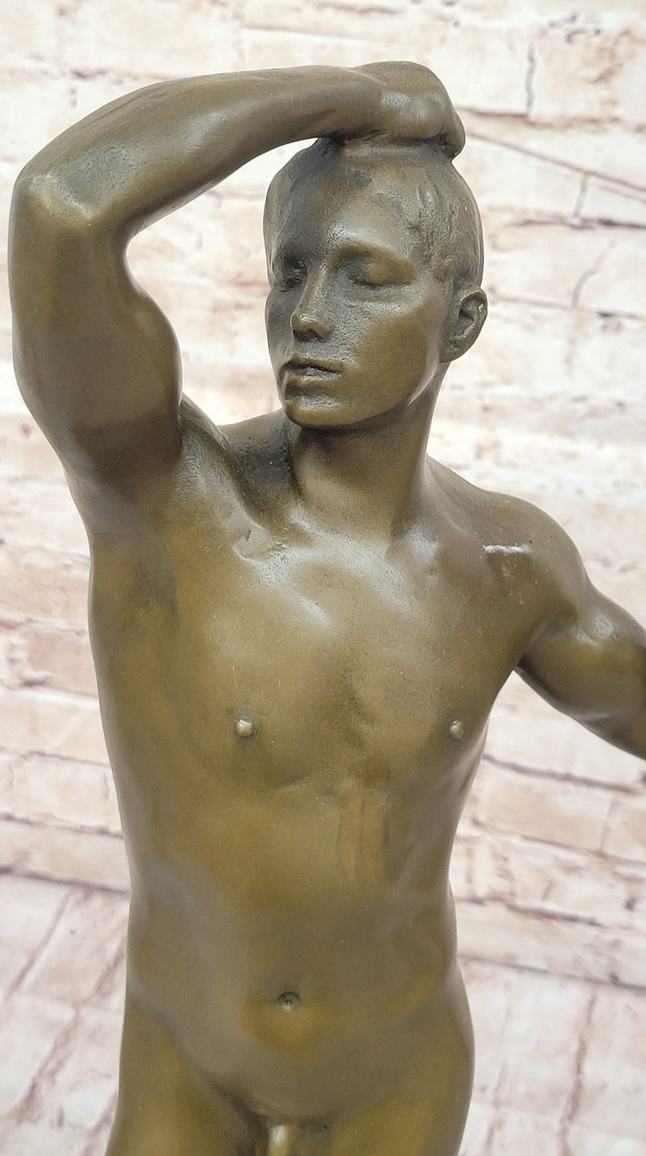 The Age of Bronze (1875) by Auguste Rodin Nude Male Figure Sculpture Statue Art on Marble Base