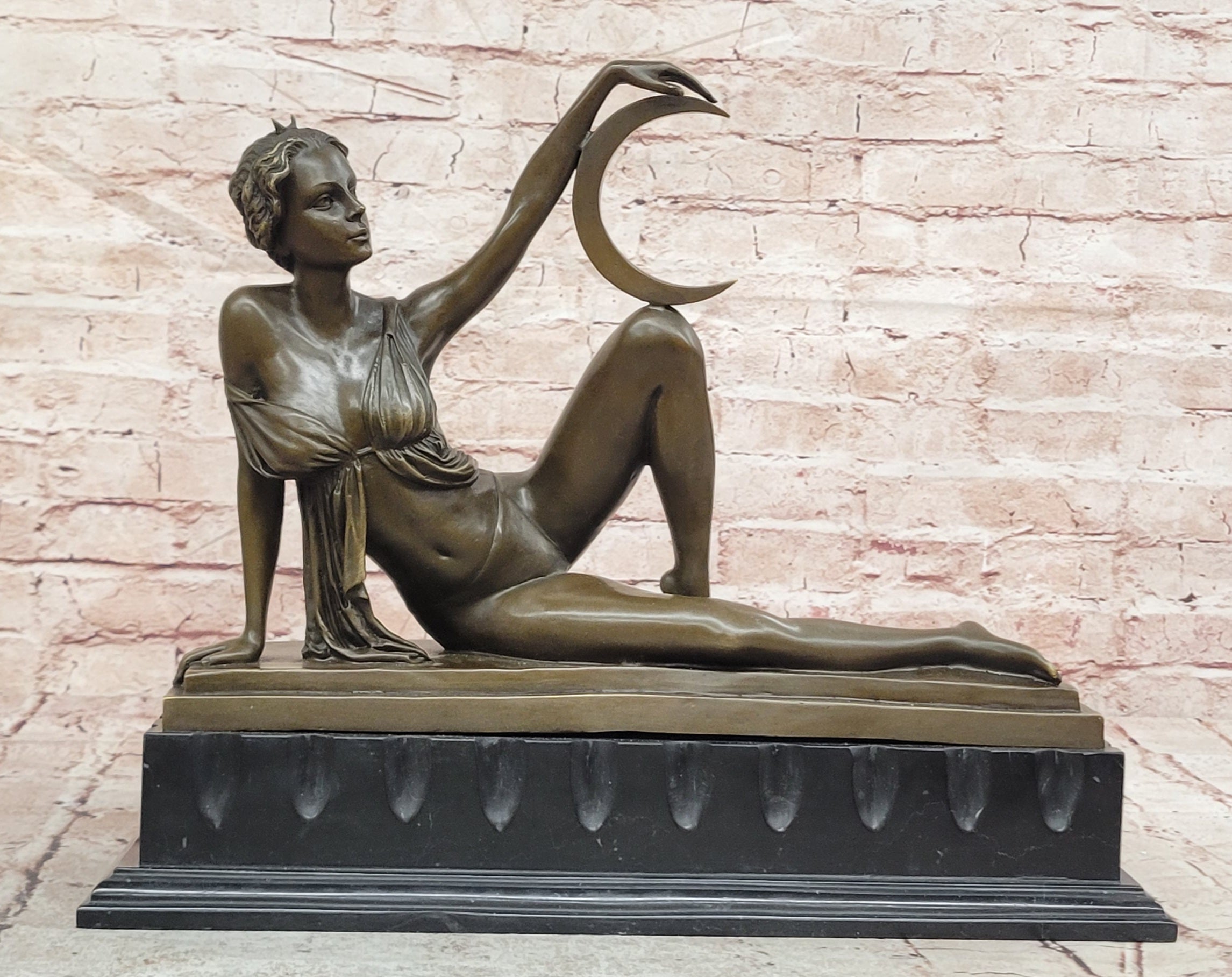 Art Nouveau Style Sexy Woman Capturing Moon Bronze Sculpture Statue Figure