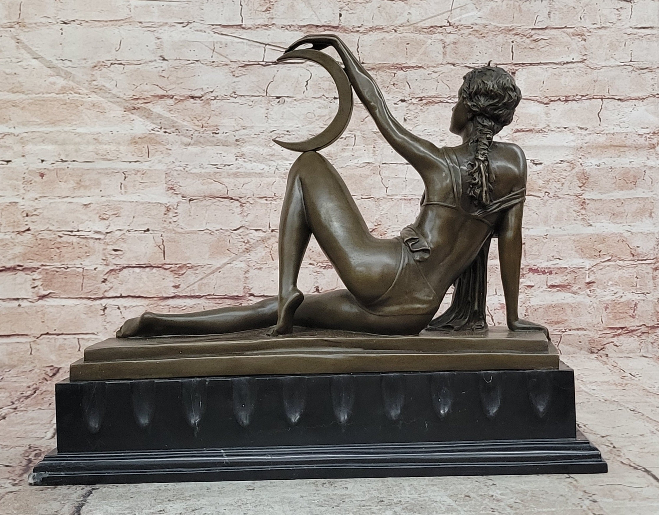 Art Nouveau Style Sexy Woman Capturing Moon Bronze Sculpture Statue Figure