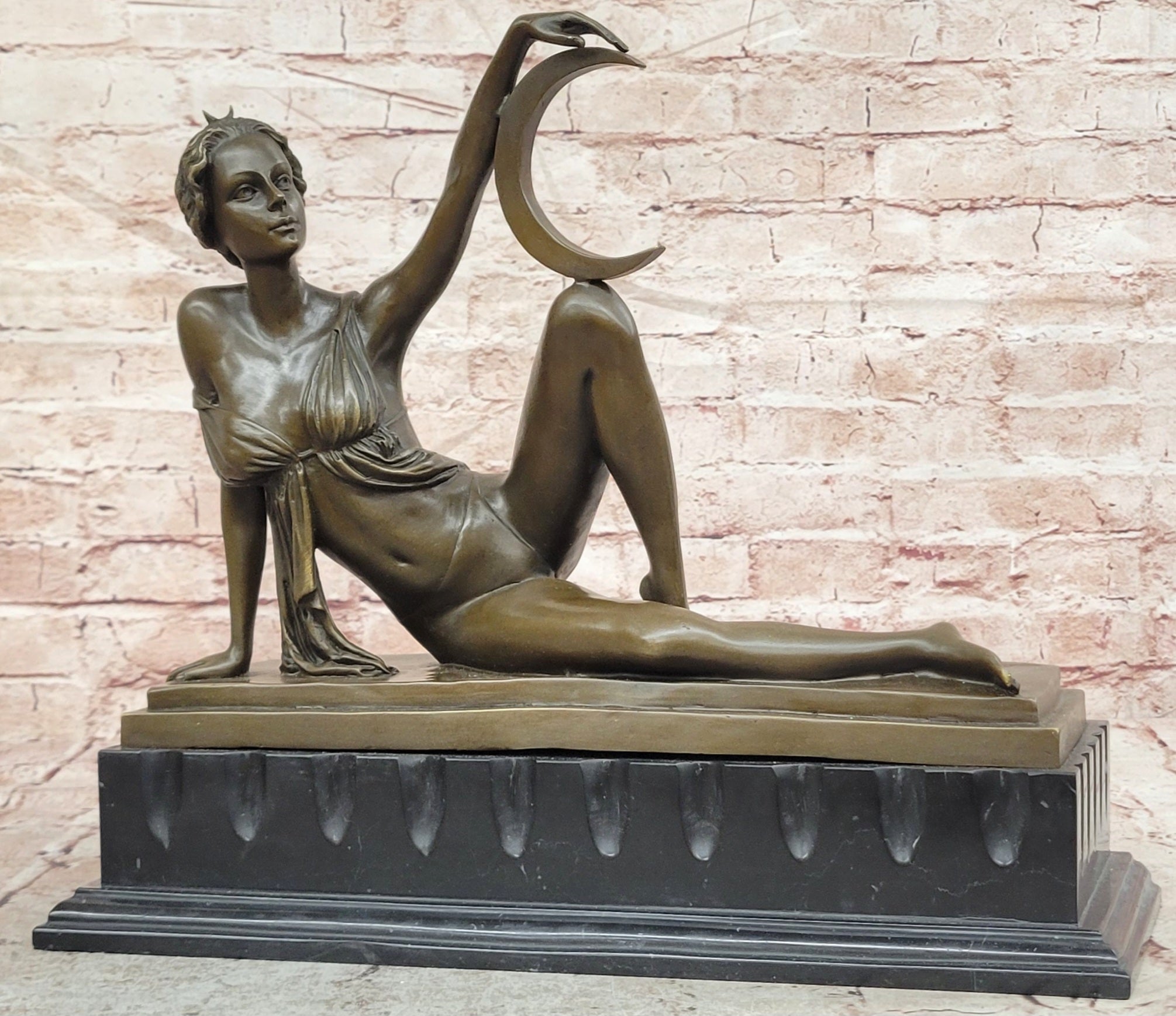Art Nouveau Style Sexy Woman Capturing Moon Bronze Sculpture Statue Figure