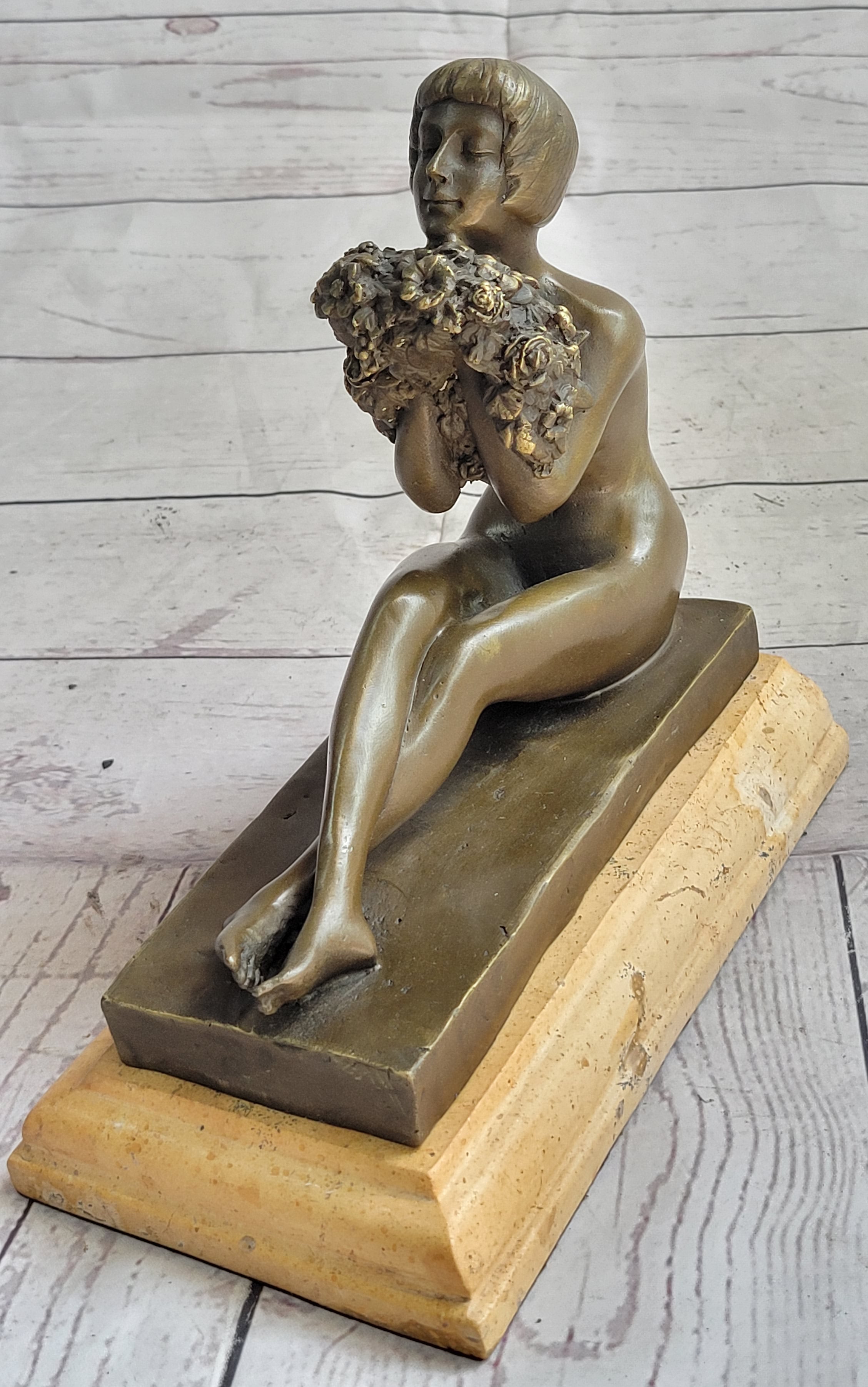 Nude Girl Holding Bouquet of Flowers Sculpture Art Deco Marble Base