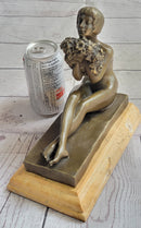 Nude Girl Holding Bouquet of Flowers Sculpture Art Deco Marble Base