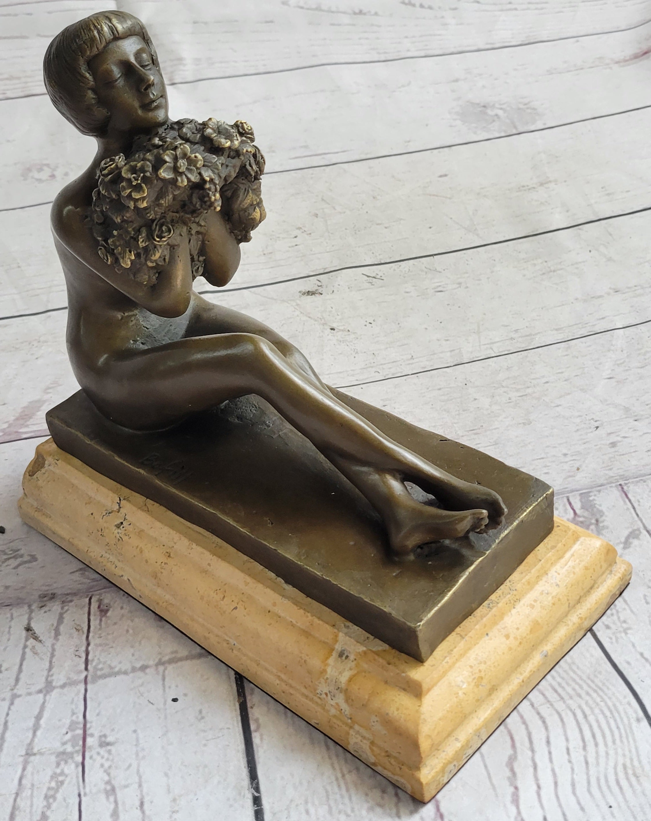 Nude Girl Holding Bouquet of Flowers Sculpture Art Deco Marble Base