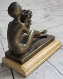 Nude Girl Holding Bouquet of Flowers Sculpture Art Deco Marble Base
