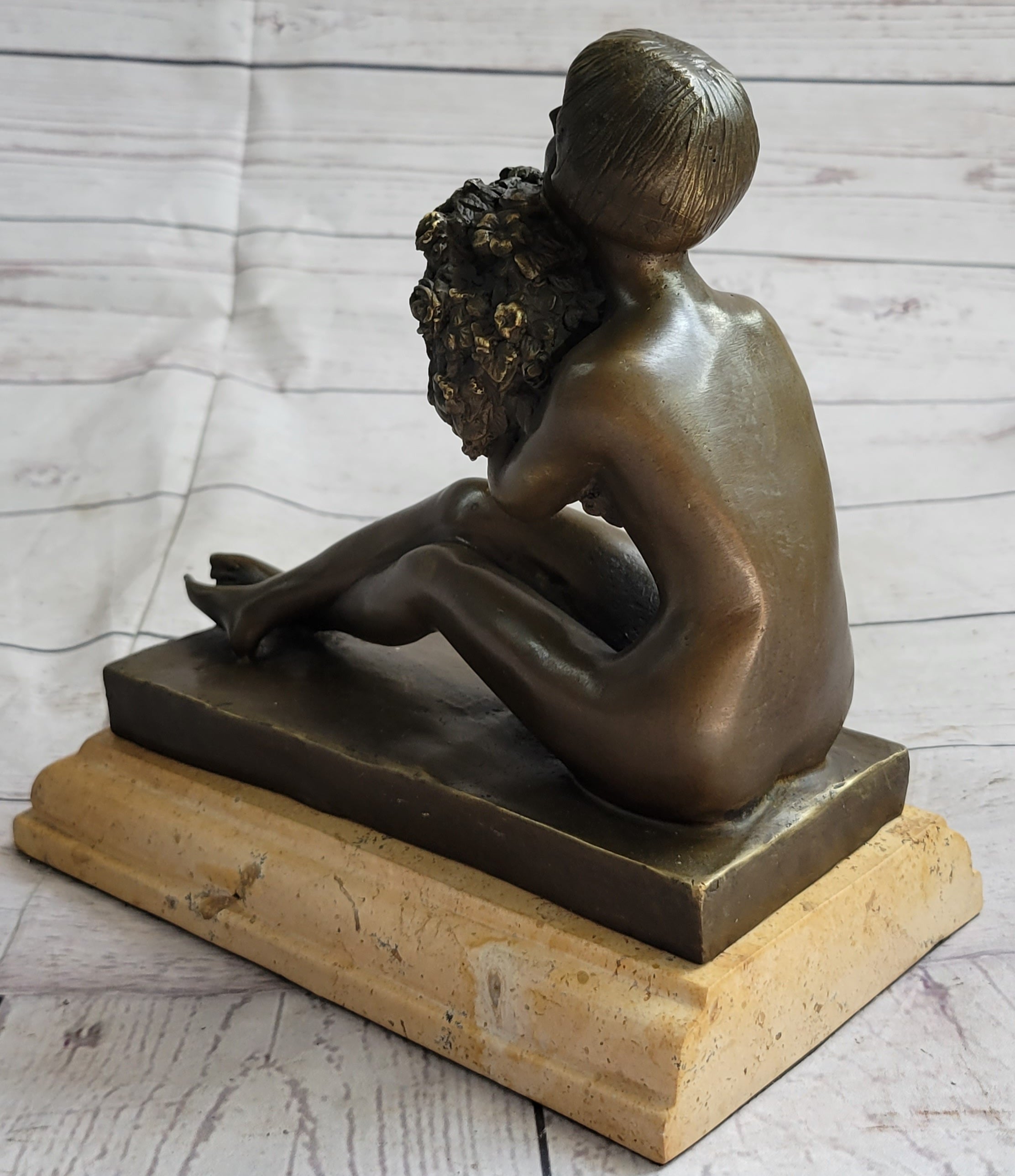 Nude Girl Holding Bouquet of Flowers Sculpture Art Deco Marble Base