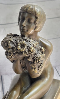 Nude Girl Holding Bouquet of Flowers Sculpture Art Deco Marble Base