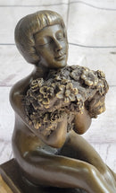 Nude Girl Holding Bouquet of Flowers Sculpture Art Deco Marble Base