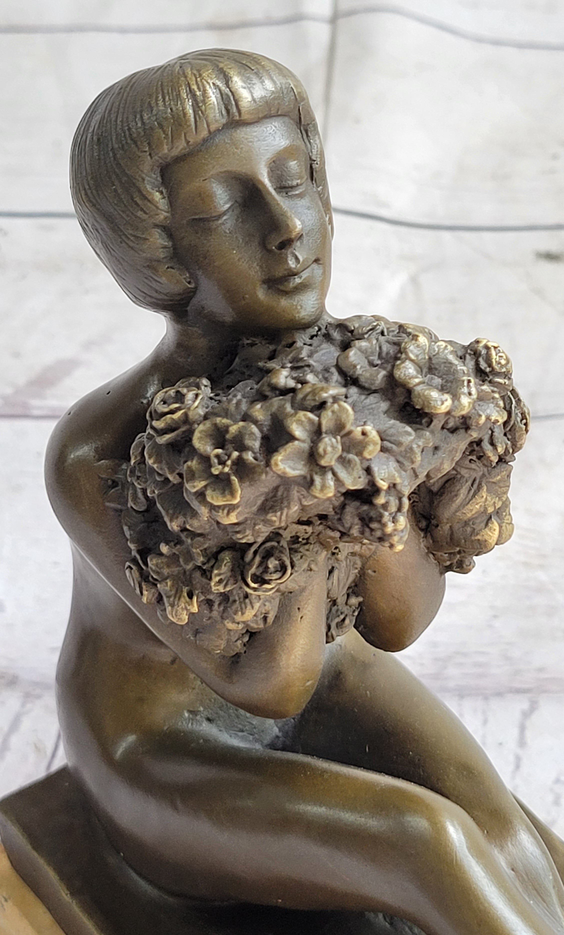 Nude Girl Holding Bouquet of Flowers Sculpture Art Deco Marble Base
