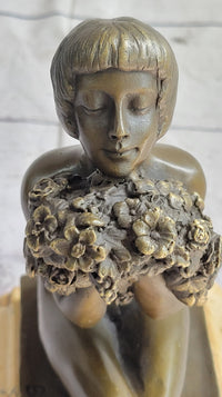 Nude Girl Holding Bouquet of Flowers Sculpture Art Deco Marble Base