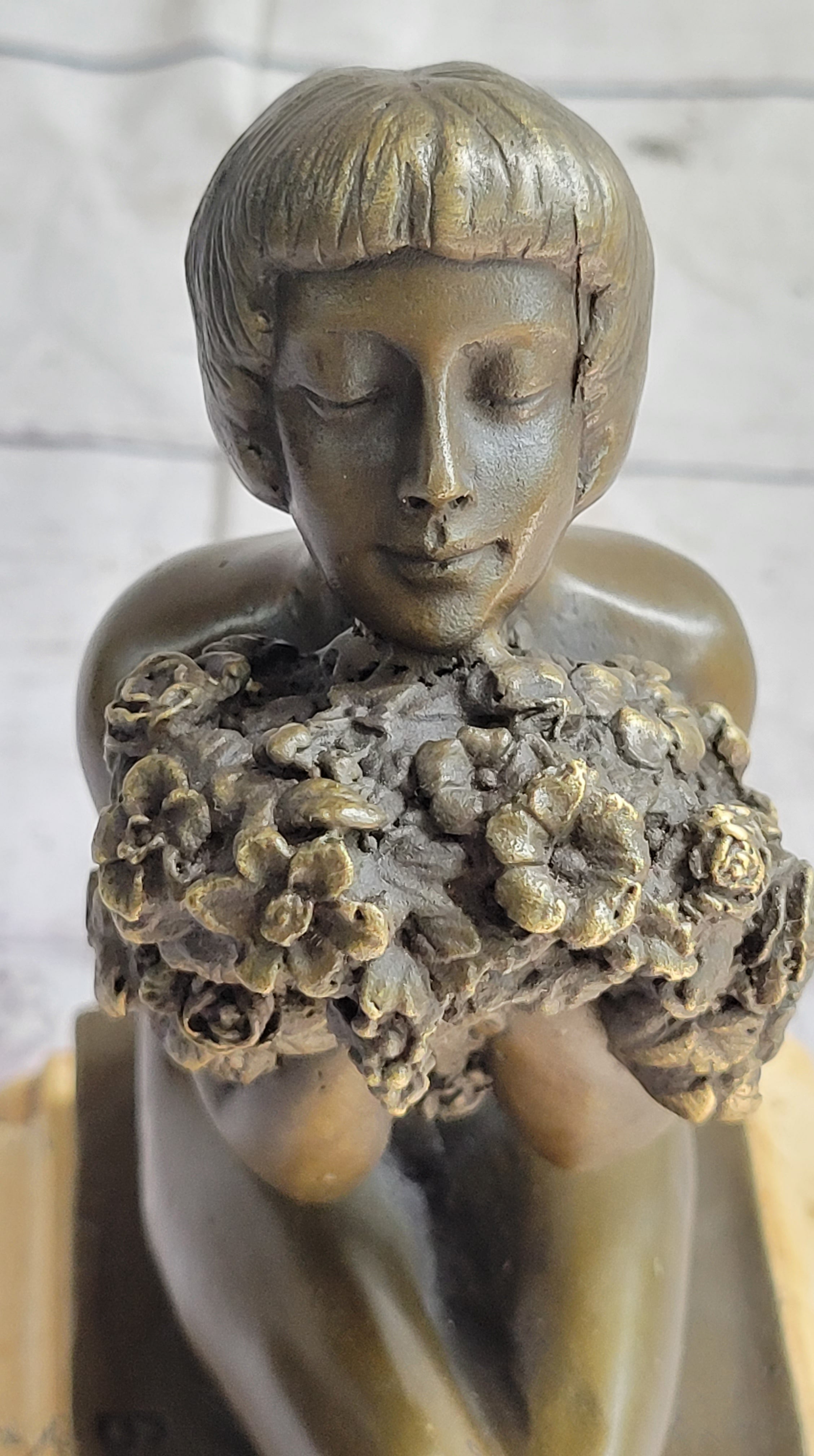 Nude Girl Holding Bouquet of Flowers Sculpture Art Deco Marble Base