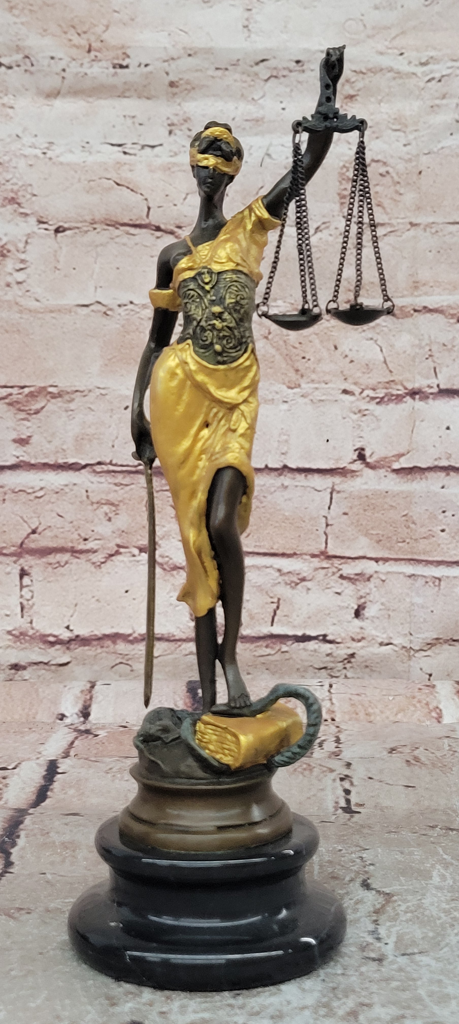Lady blind Justice with Scales Gold Patina Genuine Bronze Sculpture Statue