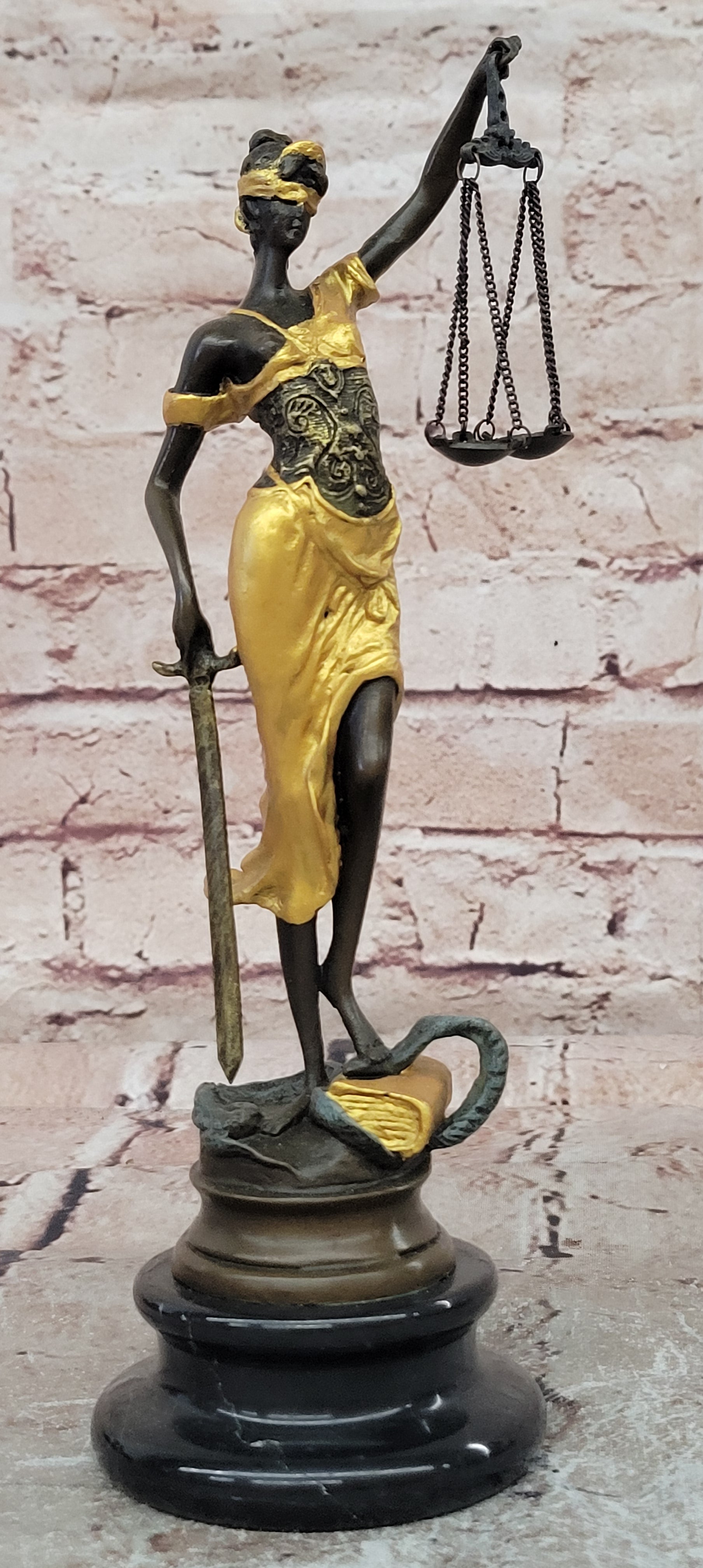 Lady blind Justice with Scales Gold Patina Genuine Bronze Sculpture Statue