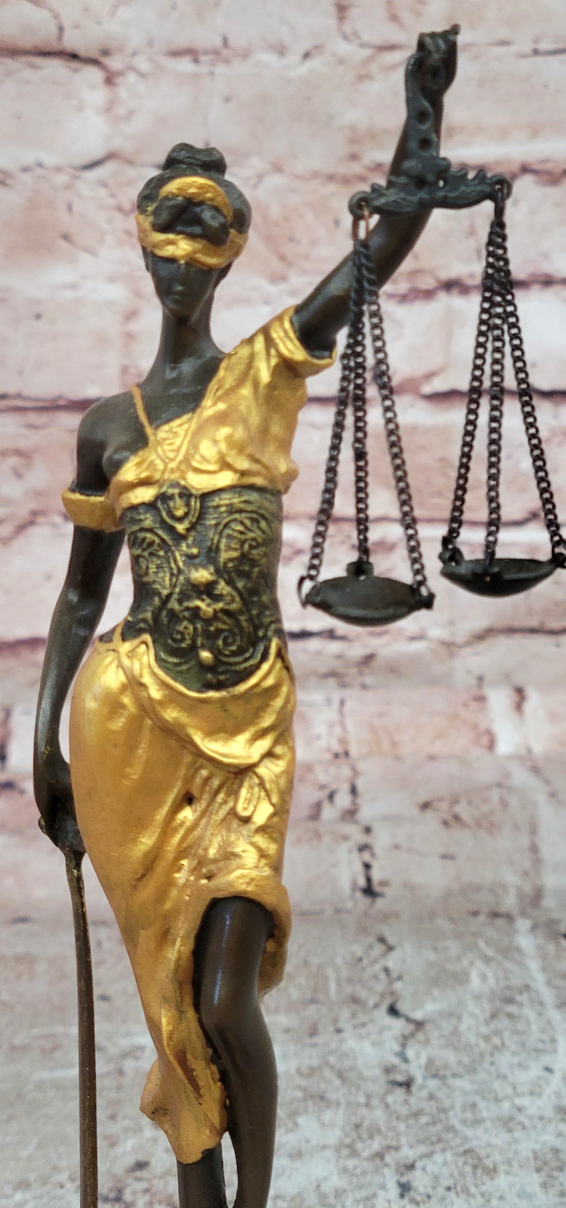 Lady blind Justice with Scales Gold Patina Genuine Bronze Sculpture Statue