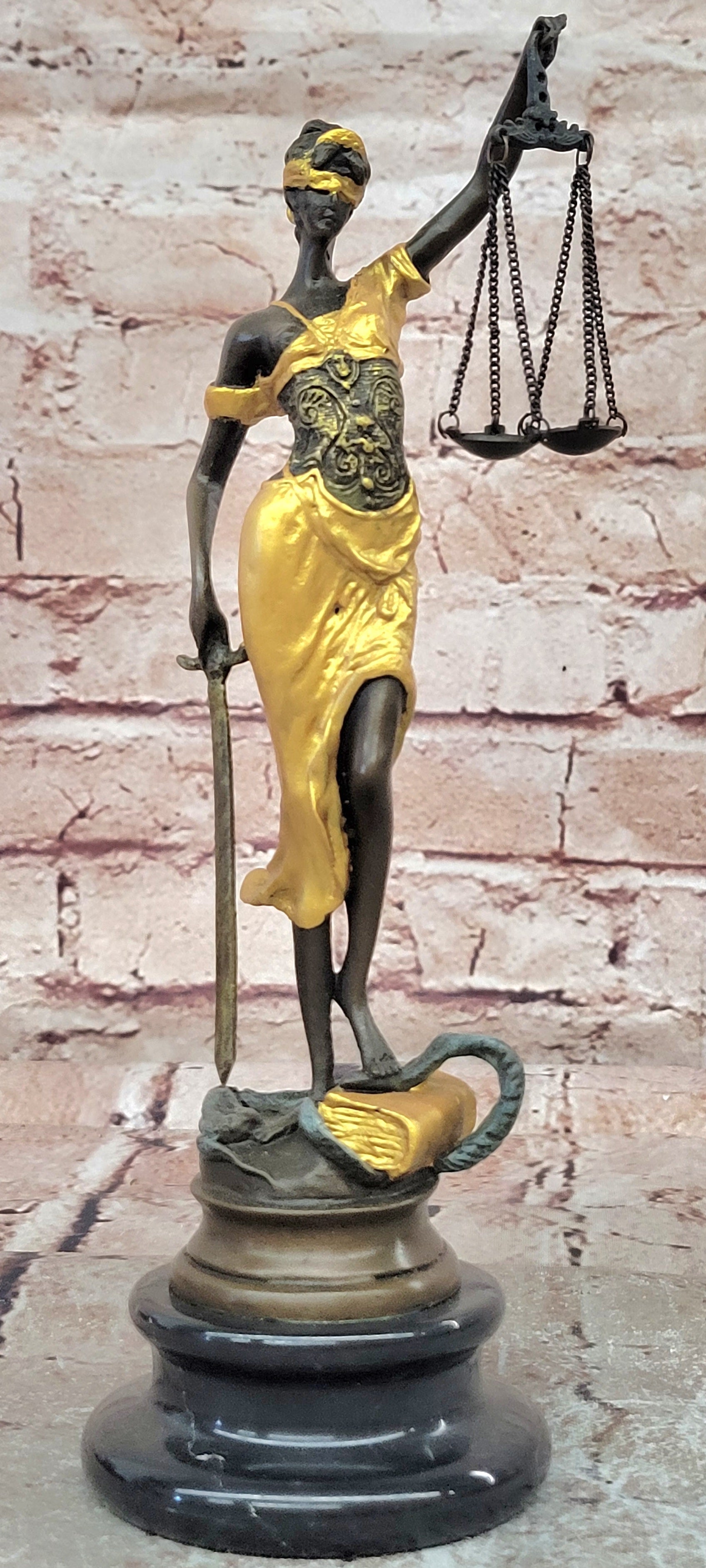 Lady blind Justice with Scales Gold Patina Genuine Bronze Sculpture Statue