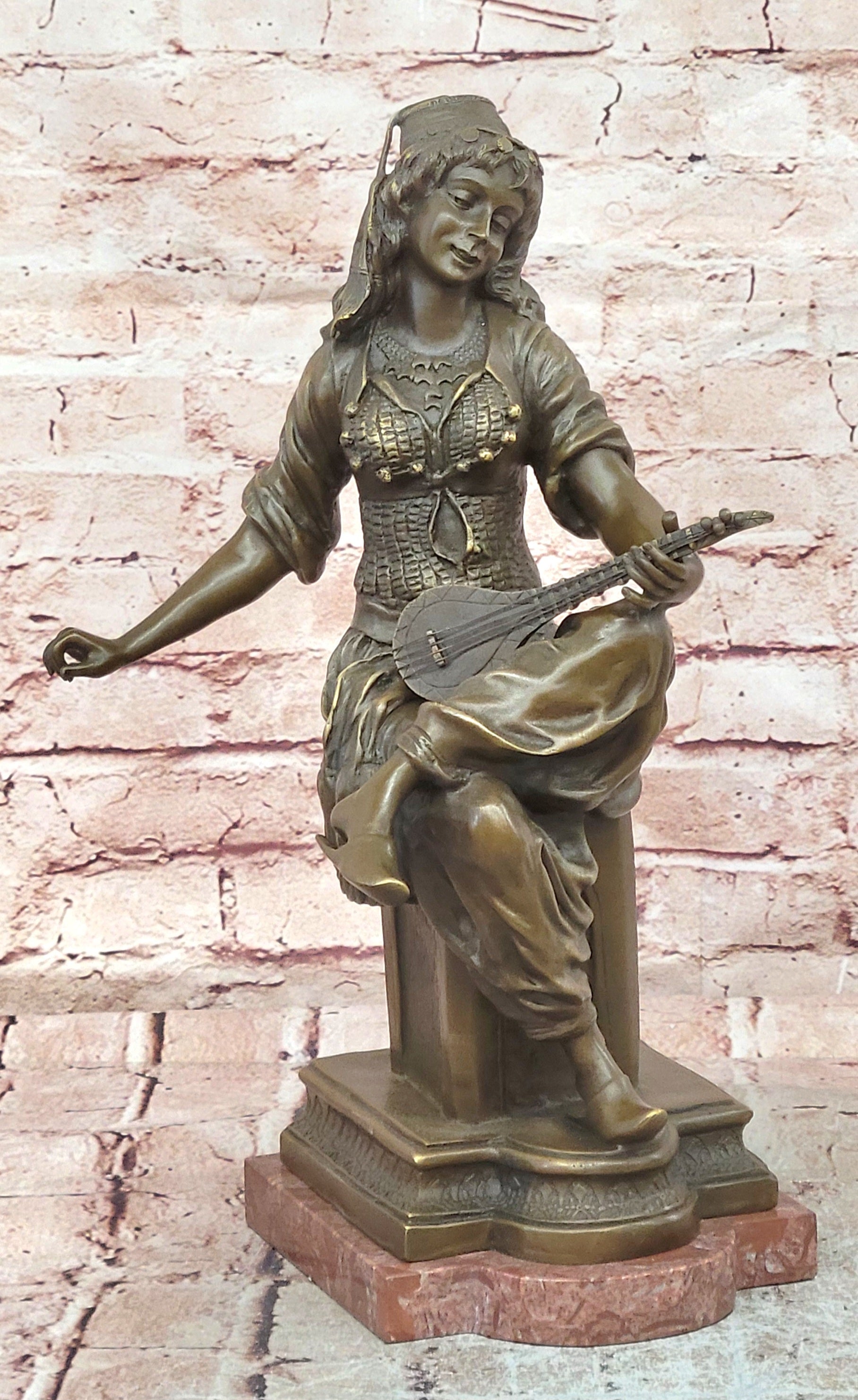 A Fine Quality Genuine Bronze Sculpture of a Lady Playing a Lute by Milo Statue