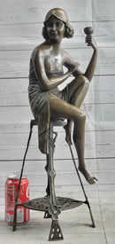 Art Deco Flapper Girl on Chair w/ Wine Glass Bronze Figure 21.5"