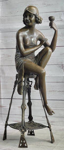 Art Deco Flapper Girl on Chair w/ Wine Glass Bronze Figure 21.5"